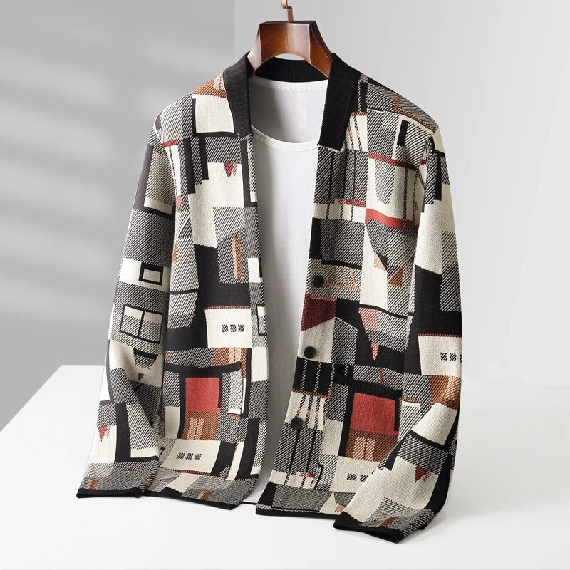 Herren Luxus Wollstrick-Cardigan Abstrakt Jacquard – Warmer Designer Herbst Winter Pullover