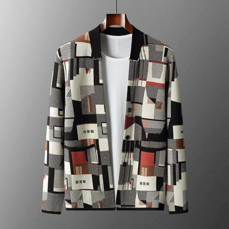 Herren Luxus Wollstrick-Cardigan Abstrakt Jacquard – Warmer Designer Herbst Winter Pullover
