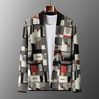 Herren Luxus Wollstrick-Cardigan Abstrakt Jacquard – Warmer Designer Herbst Winter Pullover