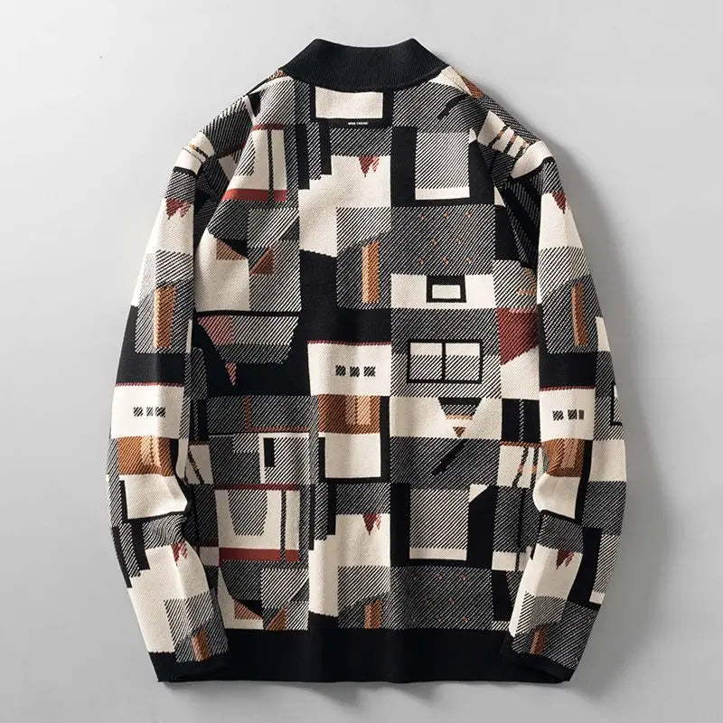 Herren Luxus Wollstrick-Cardigan Abstrakt Jacquard – Warmer Designer Herbst Winter Pullover