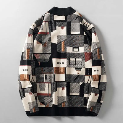 Herren Luxus Wollstrick-Cardigan Abstrakt Jacquard – Warmer Designer Herbst Winter Pullover
