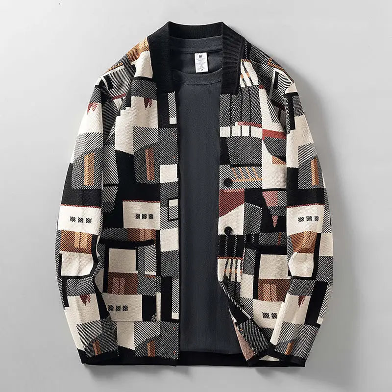 Herren Luxus Wollstrick-Cardigan Abstrakt Jacquard – Warmer Designer Herbst Winter Pullover