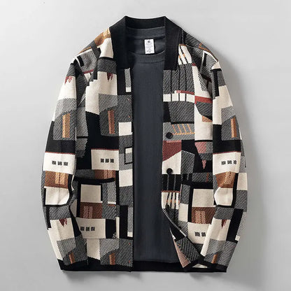 Herren Luxus Wollstrick-Cardigan Abstrakt Jacquard – Warmer Designer Herbst Winter Pullover