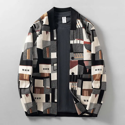 Herren Luxus Wollstrick-Cardigan Abstrakt Jacquard – Warmer Designer Herbst Winter Pullover