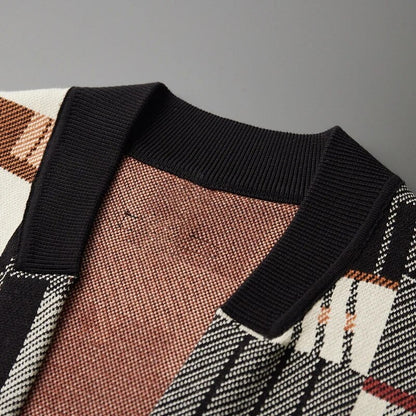 Herren Luxus Wollstrick-Cardigan Abstrakt Jacquard – Warmer Designer Herbst Winter Pullover
